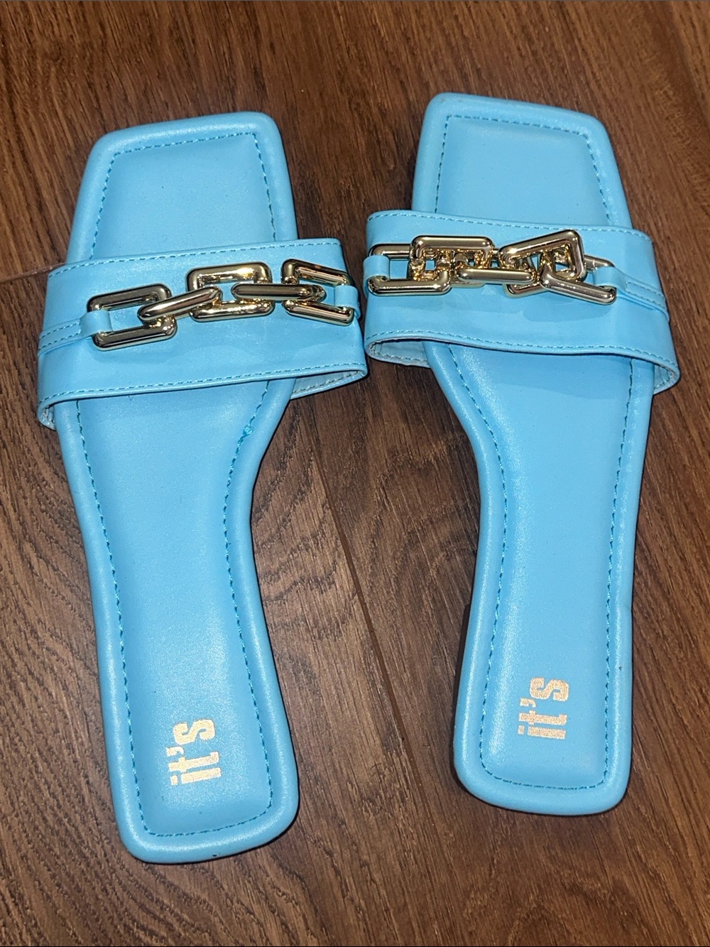 Light Blue Chain-Trim Slide Sandals